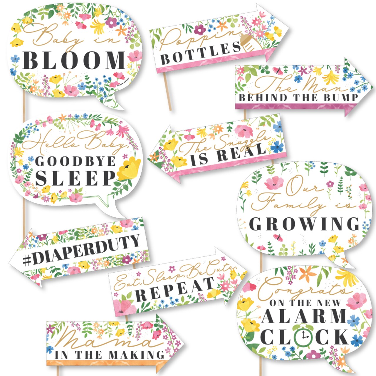 Big Dot of Happiness Funny Wildflowers Baby - Boho Floral Baby Shower Photo Booth Props Kit - 10 Piece
